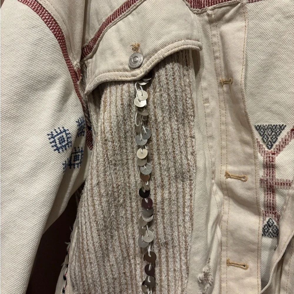 Free People Winter Cactus Embroidered Embellished Trucker Denim Jacket  Medium - Picture 2 of 13